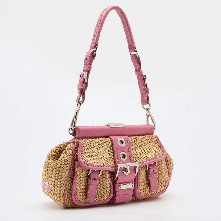 Prada Beige Pink Woven Straw and Leather Shoulder Bag