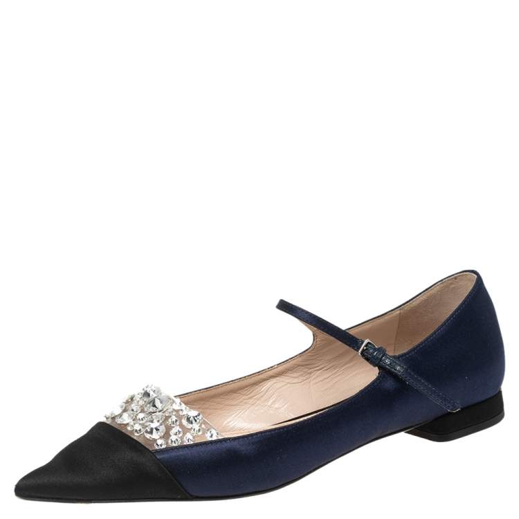 Miu Miu Blue/Black Satin Crystal Embellished Mary Jane Pointed Toe Ballet  Flats Size 37