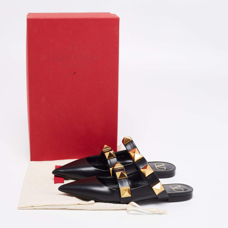 VALENTINO BLACK LEATHER ROMAN STUD FLAT MULES SIZE 36