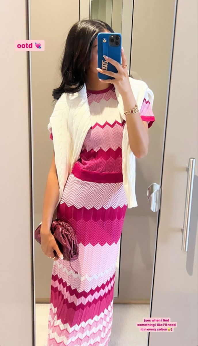 Morgan knitted contrast midi dress in pink chevron