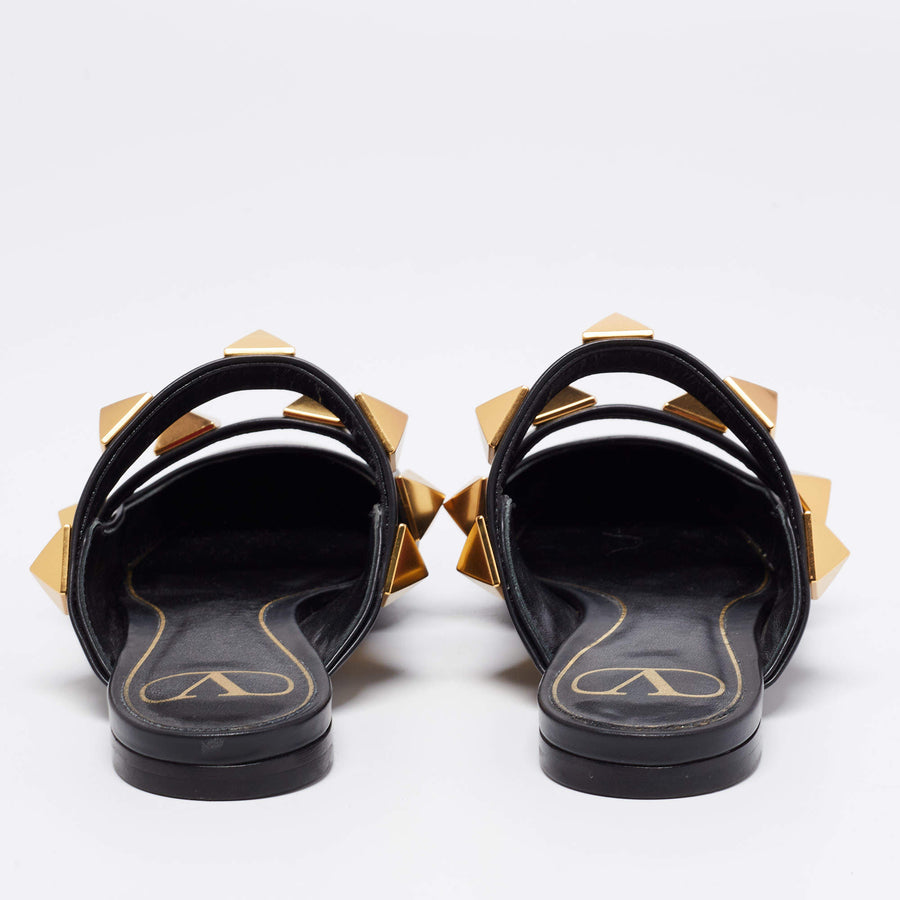 VALENTINO BLACK LEATHER ROMAN STUD FLAT MULES SIZE 36