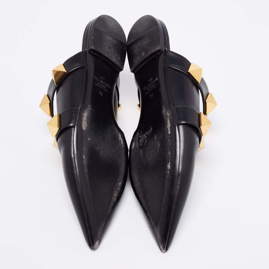VALENTINO BLACK LEATHER ROMAN STUD FLAT MULES SIZE 36