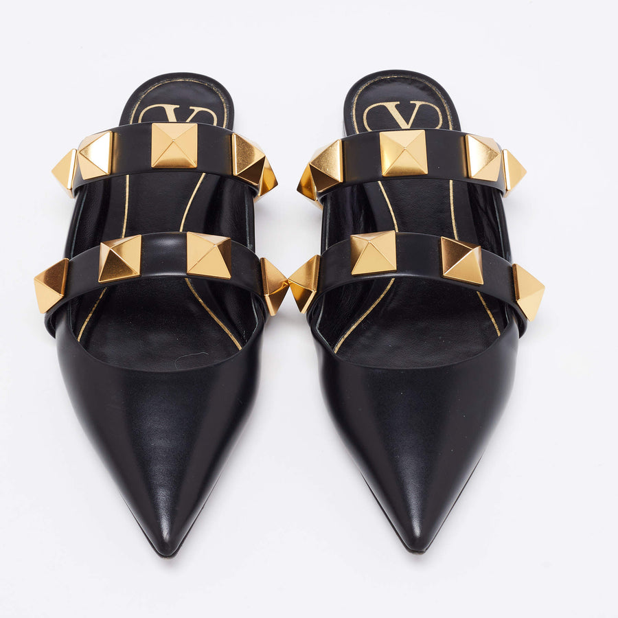 VALENTINO BLACK LEATHER ROMAN STUD FLAT MULES SIZE 36