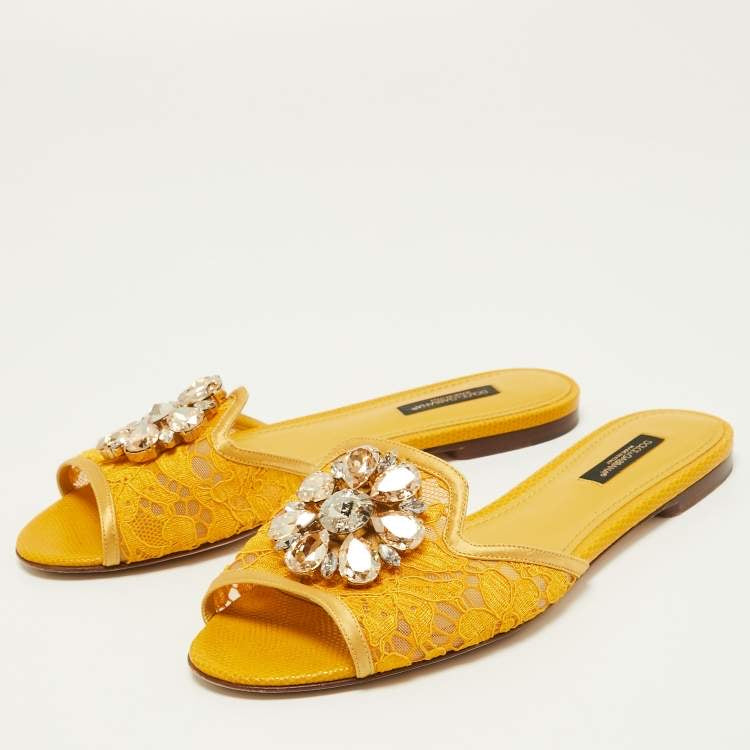 Dolce & Gabbana Yellow Lace Crystal Embellished Bianca Flat Slides Size 37