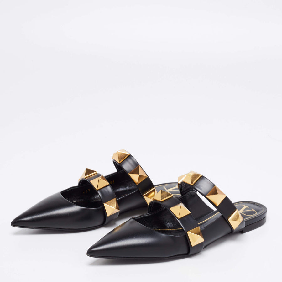 VALENTINO BLACK LEATHER ROMAN STUD FLAT MULES SIZE 36