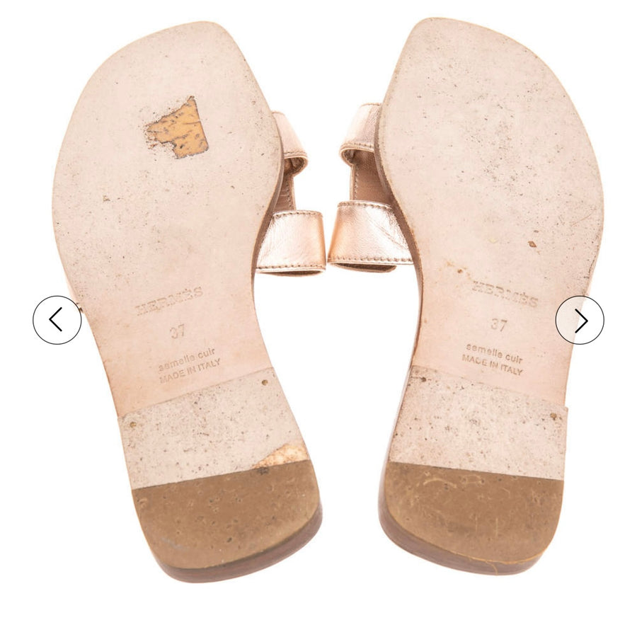 Hermes Metallic Gold Leather Oran Flat Sandals 37