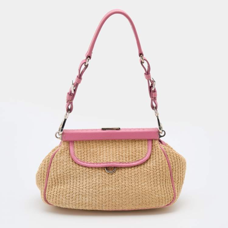 Prada Beige/Pink Woven Straw and Leather Shoulder Bag