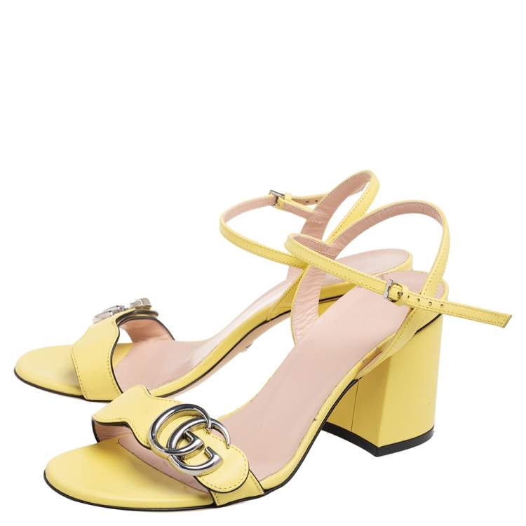 Gucci Yellow Leather GG Marmont Block Heel Ankle Strap Sandals Size 36