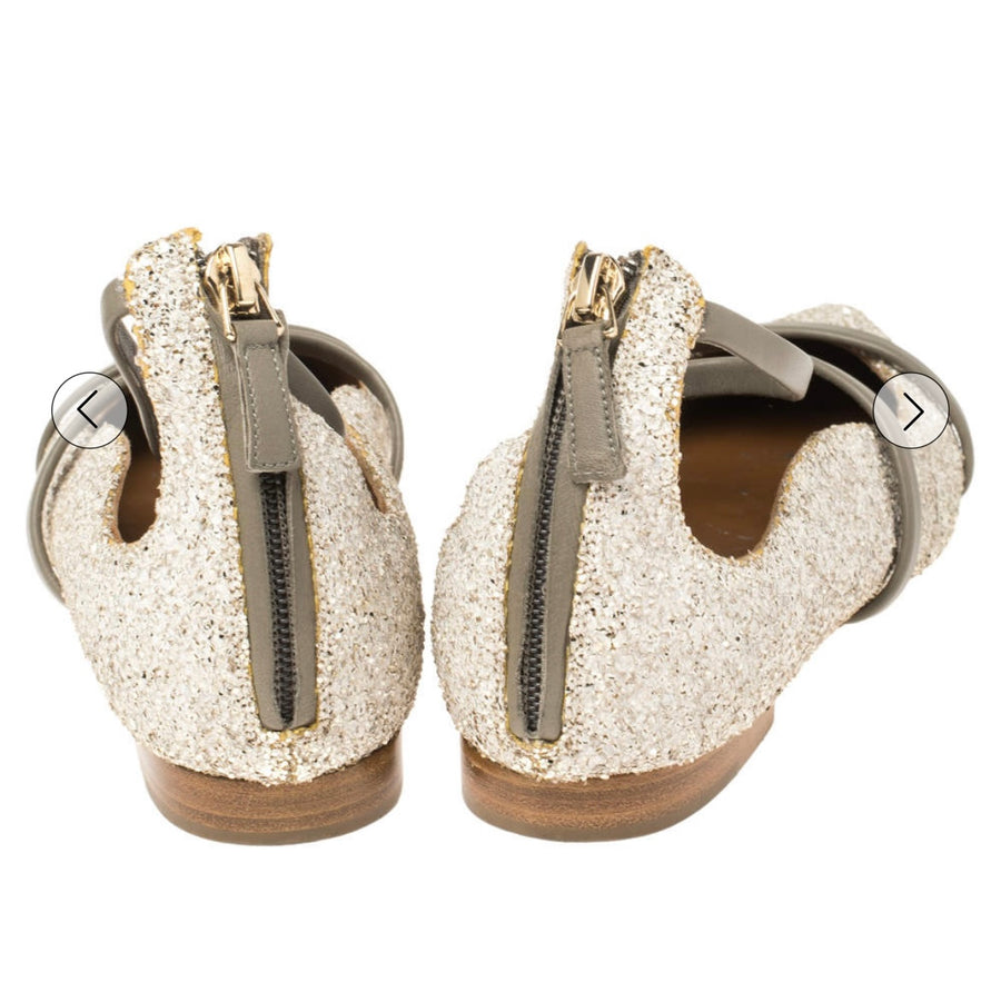 Malone Souliers Grey/Off White Leather and Glitters Robyn Pointed Toe Flats Size 36