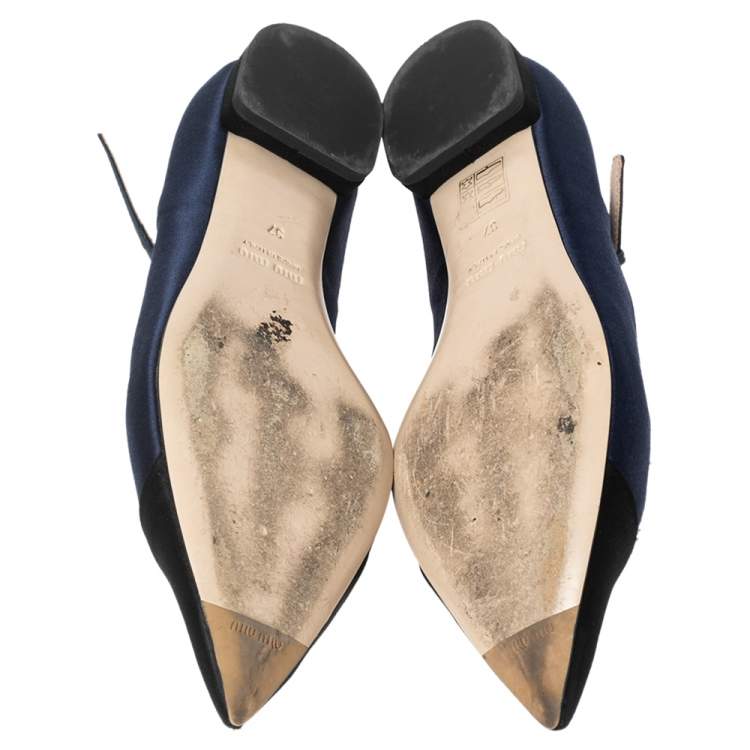 Miu Miu Blue/Black Satin Crystal Embellished Mary Jane Pointed Toe Ballet Flats Size 37