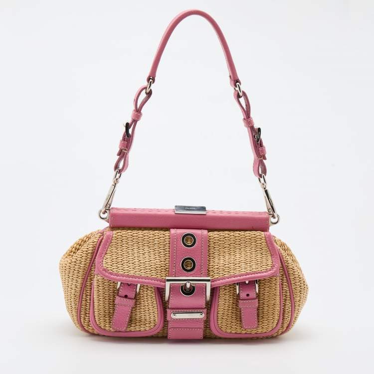 Prada Beige/Pink Woven Straw and Leather Shoulder Bag