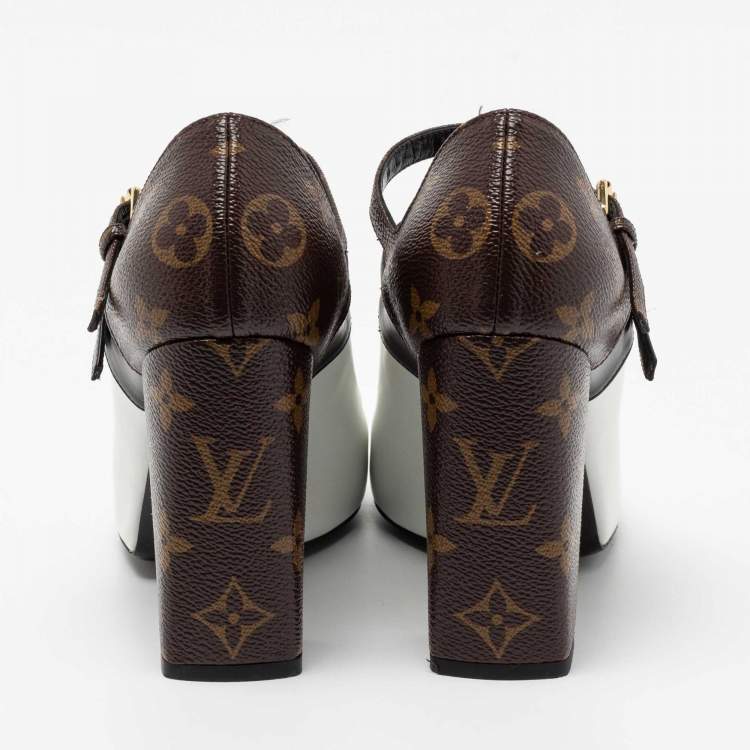 Louis Vuitton White/Brown Monogram Canvas and Leather Mary Jane Pumps Size 37